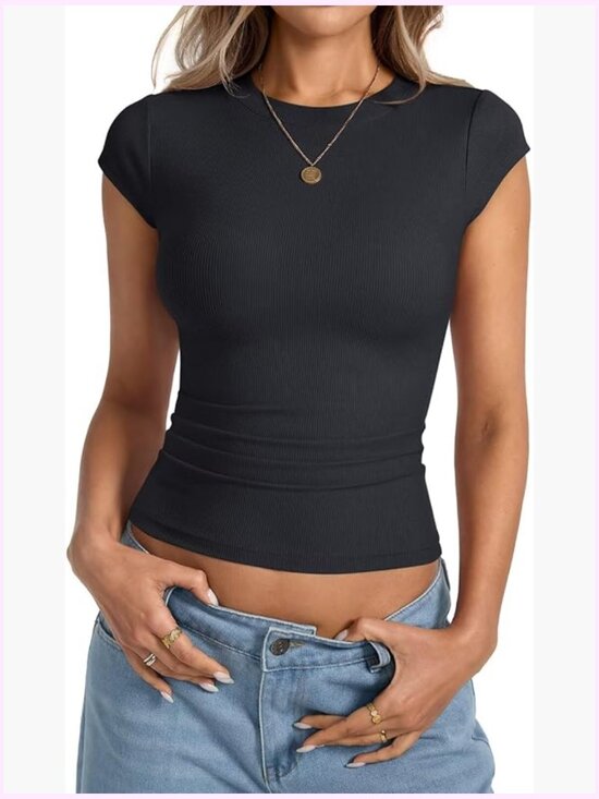 Tops - Cap Sleeve Crop Top Crew Neck Ribbed Tee Slim Fit Going Out Top Y2K